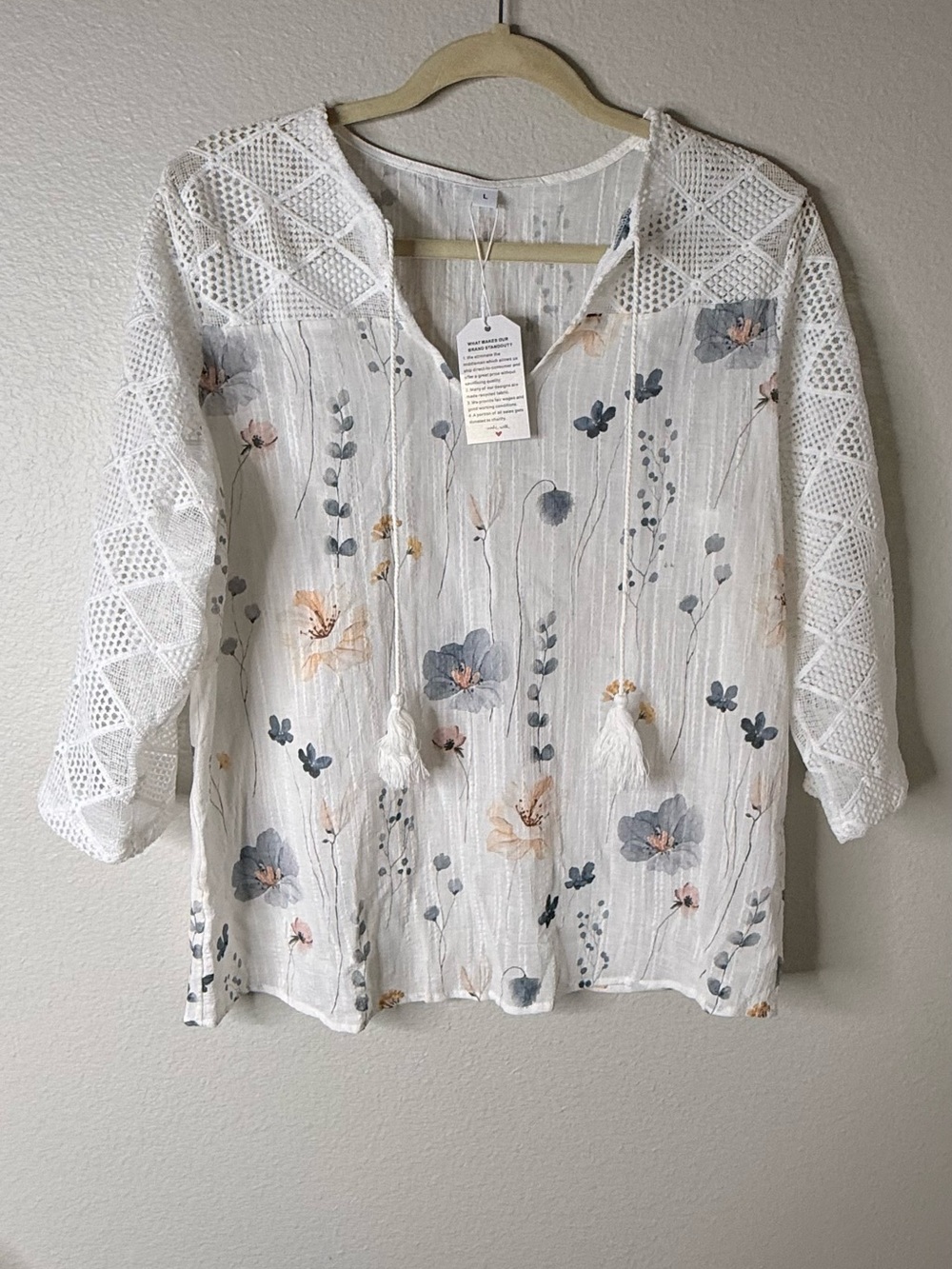 Whimsical Floral Lace Sleeve Peasant Blouse Size L White Boho Tassel Tie Top NWT